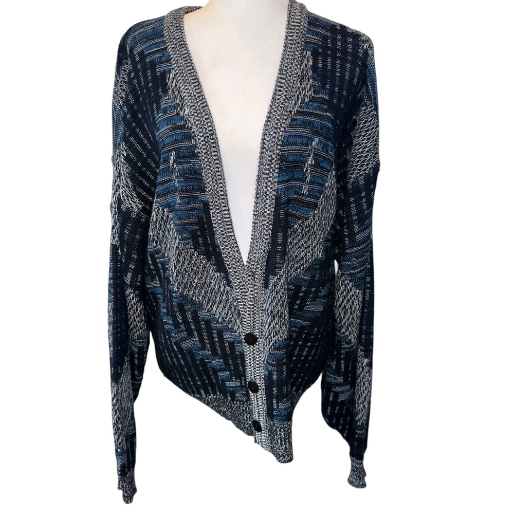 Vintage Sweater Graphix Blue Gray Knit Button Up Cardigan Made In Korea XL